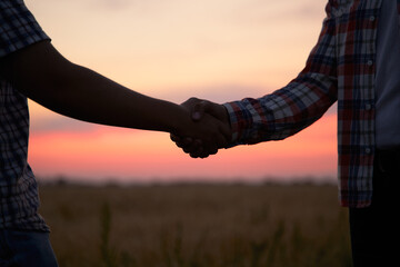 Farmer and agronomist silhouettes shaking hands standing in a wheat field after agreement in dusk. Agriculture business contract concept. Combine harvester driver and rancher handshake. Negotiations.