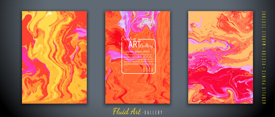 Vector. Fluid art. Liquid marble texture. Raspberry red, purple and yellow shades of colors. Wave effect. Art brush strokes with acrylic paints. Trendy modern background. Abstract painting. 