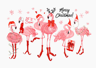 Roze flamingo Kerstmis en gelukkig Nieuwjaar wenskaart. Kerstman en hertenflamingo met kerstmuts, sjaal, vakantiegroeten. Vector aquarel decoratie op witte achtergrond.
