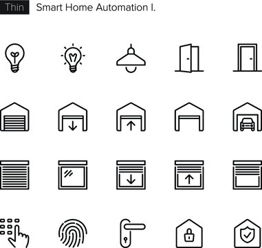 Smart Home Automation Control House Icons Vector Icon set (including lights, bulbs, doors, lock, garage door, window shades, fingerprint, access, code, security, alarm)