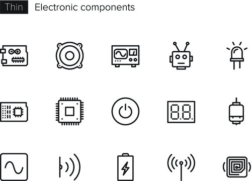 Electronic parts components vector icons set Thin line outline