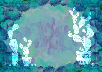 サボテンの背景素材　水彩　多肉植物　レトロ　ターコイズ　青