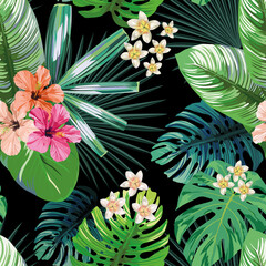 Rose, beige and pink hibiscus flower on a background of palm, banana, monstera leaves and plumeria in a green vector style. Hawaiian tropical natural floral seamless pattern wallpaper - 367454367