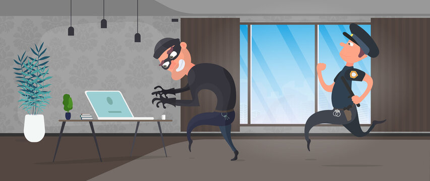 A Burglar Steals A Laptop In The House. A Police Officer Detains A Robber. Security Concept, Protection Of Personal Data. Vector.