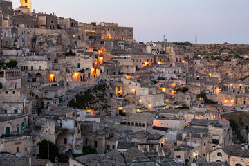 View of the Sassi di Matera a historic district in the city of Matera, well-known for their ancient cave dwellings. Basilicata. Italy