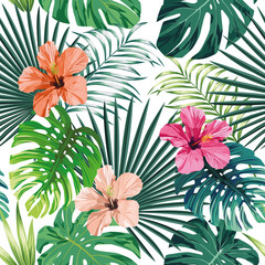 Seamless exotic pattern with tropical palm, banana, monstera leaves and rose, beige and pink hibiscus flower on a white background green vector style. Hawaiian tropical natural floral wallpaper