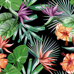Seamless vivid exotic pattern with tropical palm, banana leaves and bird of paradise, strelitzia, hibiscus flower on a black background green vector style. Hawaiian tropical natural floral wallpaper