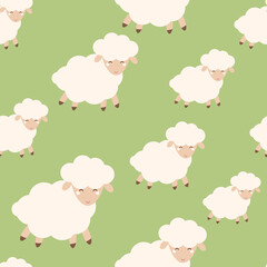 Cute sheep seamless pattern. Animals on the green lawn. Flat vector illustration for children's fabric, Wallpaper and more, © Надежда Аксенова