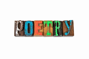 POETRY.  Colored wooden letters on a white background