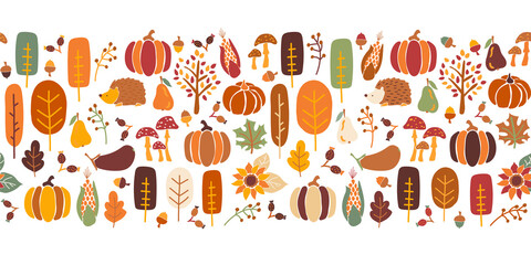 Thanksgiving seamless vector border. Seamless Autumn pattern corn tree pumpkin pear sunflower acorn greeting card repeating design. Harvest festival. Use for banner, Thanksgiving decor, footer, header © StockArtRoom