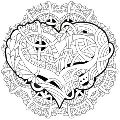 Sketchy Doodle Heart Illustration with mandala. For coloring pages