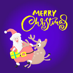 Merry Christmas dry brush lettering. Santa Claus with Christmas gift riding a deer. Holiday greeting card.