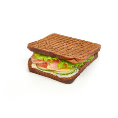 Sandwich with salmon, fresh tomatoes and cucumber, cheese and lettuce with toasted bread Isolated on the white background, selective focus
