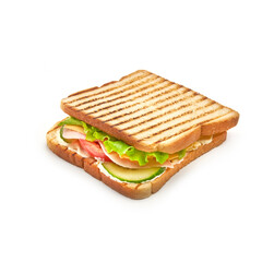 Sandwich with ham, fresh tomatoes and cucumber, cheese and lettuce with toasted bread Isolated on the white background