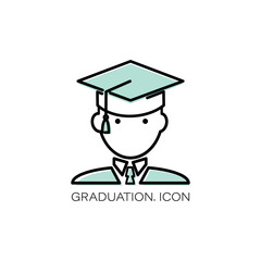 Vector graduation icon. Man. Education, academic degree. Faceless avatar. Outline symbol