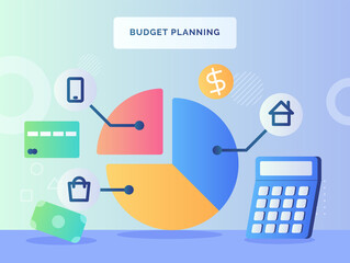 Budged planning concept pie chart piece house shopping smartphone nearby calculator money bankcard with flat style.