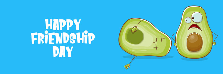 Happy friendship day cartoon comic horizontal banner with two funky avocado friends and cartoon sun isolated on blue background. Friendship day funky greeting card or party flyer. BFF concept
