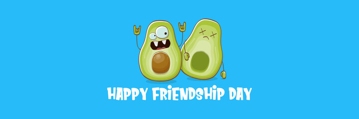 Happy friendship day cartoon comic horizontal banner with two funky avocado friends and cartoon sun isolated on blue background. Friendship day funky greeting card or party flyer. BFF concept