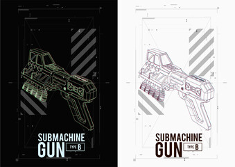 Vector Sub Machine Gun HUD Design Vector Illustration. Weapon design poster for website, book cover, mobile app, and games.