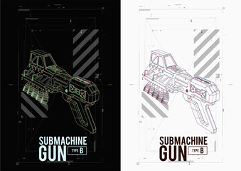 Vector Sub Machine Gun HUD Design Vector Illustration. Weapon design poster for website, book cover, mobile app, and games.