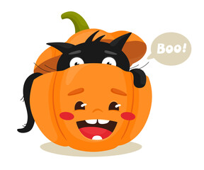 Black cat in Halloween pumpkin. Happy Halloween. Vector illustration in flat cartoon style.