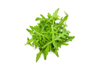 Heap of fresh arugula or rucola salad leaves isolated on white background