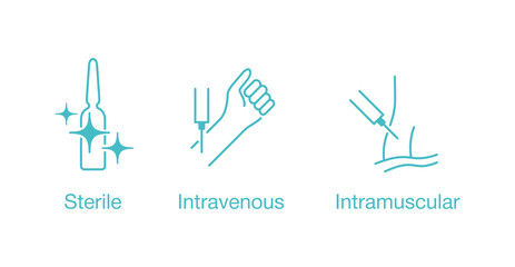 sterile, intravenous, intramuscular icons set for packaging of medications for syringe injection - isolated vector medical pictograms 