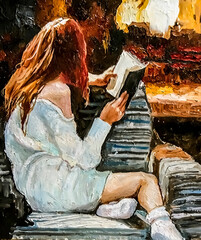 Young girl comfortably sits on a sofa and reads a book near the fireplace. Oil painting on canvas.