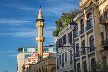 Minaret of Abou Bakr Al Siddik Mosque in Beirut Central District of Beirut, capital city of Lebanon