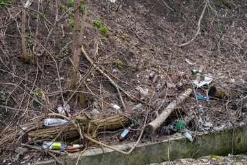 Obraz premium A bunch of empty plastic bottles thrown out in nature. Forest pollution by plastic waste. A lot of plastic bottles in dry branches in the forest.