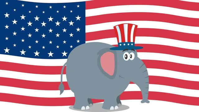 Republican Elephant Cartoon Character With Uncle Sam Hat Over USA Flag. 4K Animation Video Motion Graphics Without Background