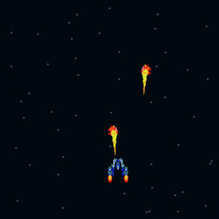Pixel art style UFO space war arcade game. template. Pixel explosion and spaceship. A retro 8-bit game inspired by the trendy 90s. Space place. Battles under the stars. Old computer games. vector
