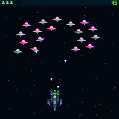 Arcade Retro video game, 8 bit, arcade warships, shooting, map background, vector graphic design illustration. Battles under the stars. Old computer games.