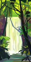 Low poly jungle landscape. Beautiful waterfall in rainforest. Vertical vector illustration