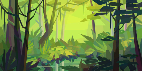 Fototapeta na wymiar Low poly jungle landscape. Beautiful lake with reflection in dense rainforest. There are ferns, vines on trees and other plants. Horizontal vector illustration