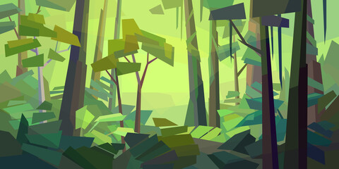 Low poly tropical landscape. Beautiful rainforest with dense ferns and trees. Horizontal vector illustration - obrazy, fototapety, plakaty