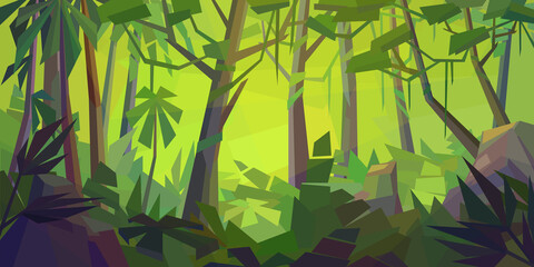 Low poly tropical landscape. Beautiful jungle with palms, ferns, vines and rocks. Horizontal vector illustration