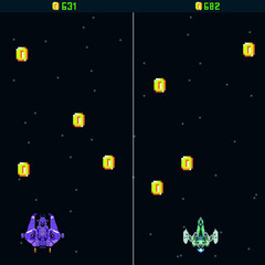 Pixel space game with coins. Pixel art, arcade game. template. A retro 8-bit game inspired by the trendy 90s. Space place. Battles under the stars. Old computer games. vector illustration