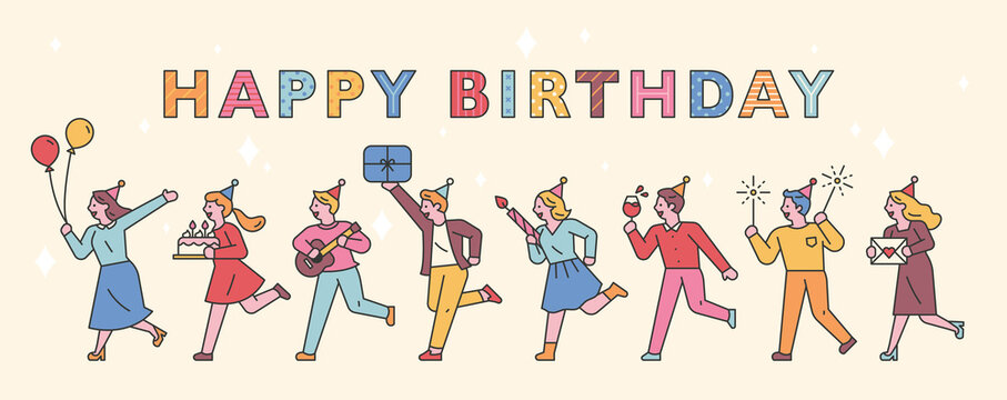 People who have a birthday party and run together. flat design style minimal vector illustration.