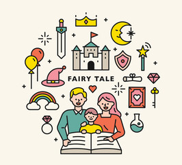Dad and Mom are reading a storybook to their child. Fairytale book icons are listed around the family character. flat design style minimal vector illustration.
