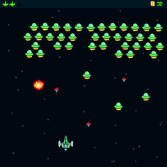 Arcade Retro video game, 8 bit, arcade warships, shooting, map background, vector graphic design illustration. Battles under the stars. Old computer games. © Евгений Соловьев