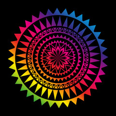 Multicolored rainbow mandala on black background. Round pattern, floral ornament. Beautiful symmetrical element. Antistress, relaxation