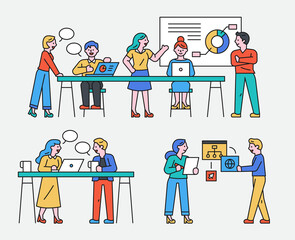 Fototapeta premium The business team is giving a presentation while sharing opinions. flat design style minimal vector illustration.