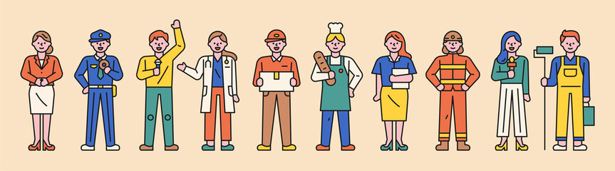 Cute characters in uniforms for each occupation stand. flat design style minimal vector illustration. - obrazy, fototapety, plakaty