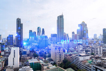 Fototapeta na wymiar World planet Earth map hologram over panorama city view of Bangkok, Asia. The concept of international connections and business. Multi Exposure.