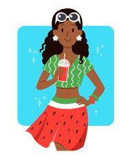 Cartoon african american woman holding juice in hand wearing colorful watermelon outfit. Flat vector illustration. Design for card, poster, web banner or social media. Summer party or vacation concept