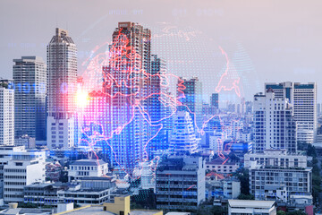 World planet Earth map hologram over panorama city view of Bangkok, Asia. The concept of international connections and business. Multi Exposure.