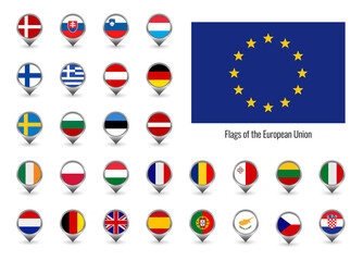 Set of vector flags of the European Union. Big Collection symbols flags. Isolated on white. a point on the map with the flag of the EU country.