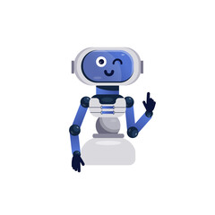 Robot toy. Cheerful chatbot icon, smiling android toy. Friendly robot isolated on white background. Kids vector illustration in flat style. Cute robot character for design, online bot assistant.