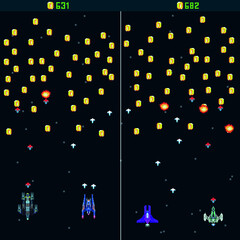 Fototapeta na wymiar Pixel space game with coins. Pixel art, arcade game. template. A retro 8-bit game inspired by the trendy 90s. Space place. Battles under the stars. Old computer games. vector illustration